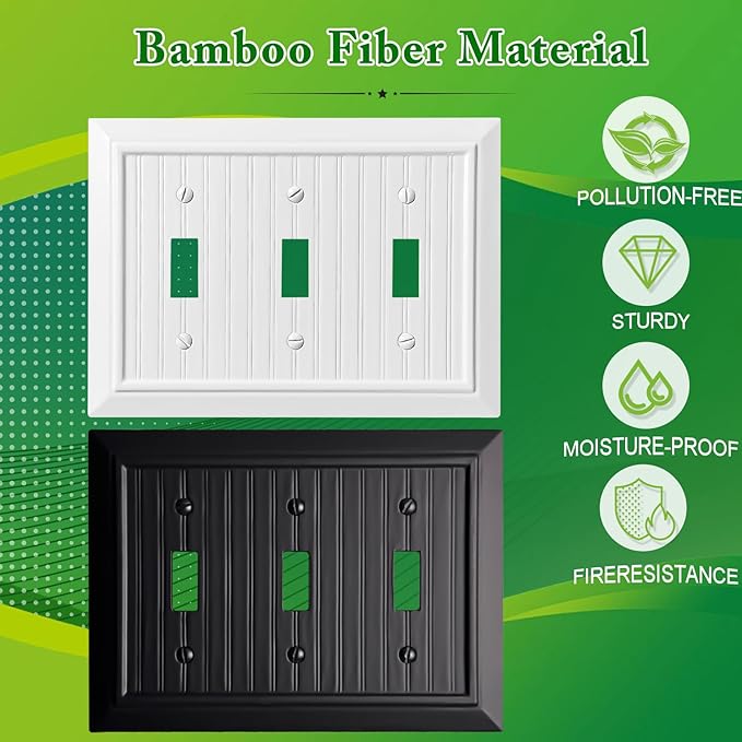 Beadboard Outlet Covers Wall Plates, Bamboo Fiber Light Switch Covers, Natural Material Electric Receptacle Decorative Switch Plate Outlet Cover (Pure White, 3 Gang Toggle 1 Pack)