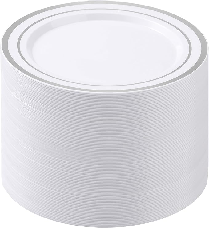 BESTSTAR 100PCS White Plastic Plates for Party, 10.25 Inch Disposable Plates with Silver Rim, Heavy Duty Dinner Plates for Christmas, Wedding and Birthday