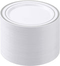 BESTSTAR 100PCS White Plastic Plates for Party, 10.25 Inch Disposable Plates with Silver Rim, Heavy Duty Dinner Plates for Christmas, Wedding and Birthday