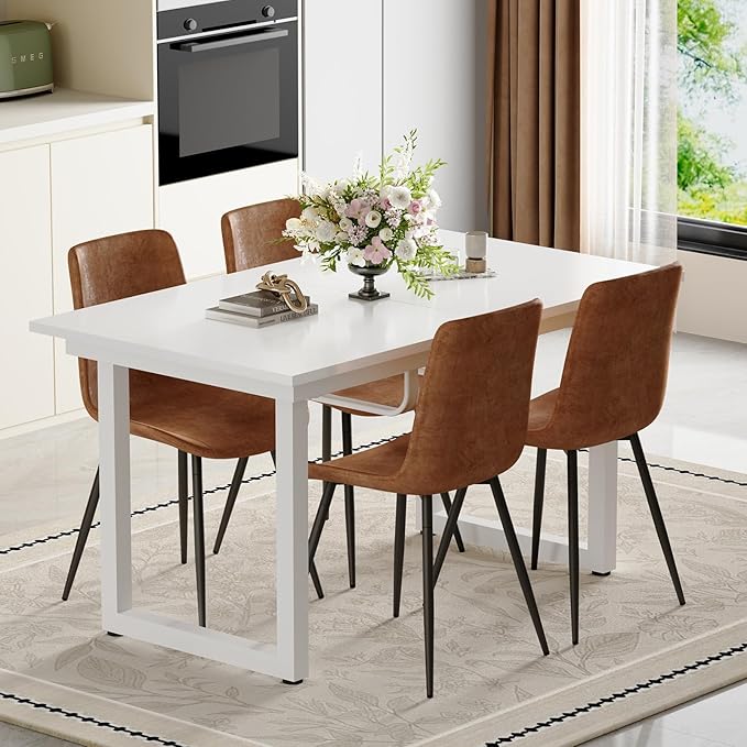 Extendable Dining Table Set for 8, 55"–71" Modern White Kitchen Table with 8 Upholstered Chairs, Space-Saving for Living Room Apartment, Sturdy & Comfortable, Easy Assembly