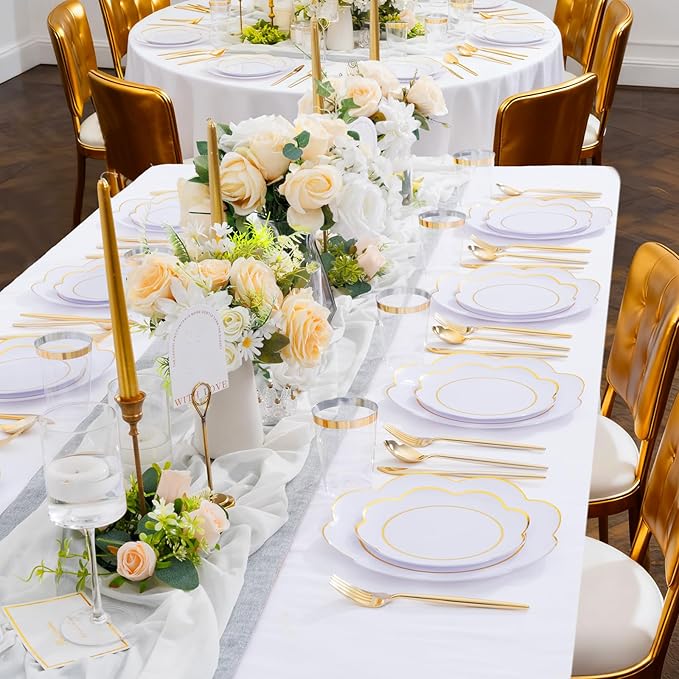 EI 180pcs White Plastic Plates with Gold Plastic Silverware,Heavy-Duty Disposable Plates for Party,White Dinnerware Set for 30 Guest Wedding,Afternoon Tea,Spring,Mother's/Valentine's Day