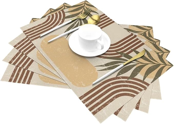Mid Century Boho Arch Placemats Abstract Geometric Modern Aesthetic Rainbow Leaves Sun Washable Place Mats 12x18Inch for Dining Kitchen Farmhouse Decor 6 PCS