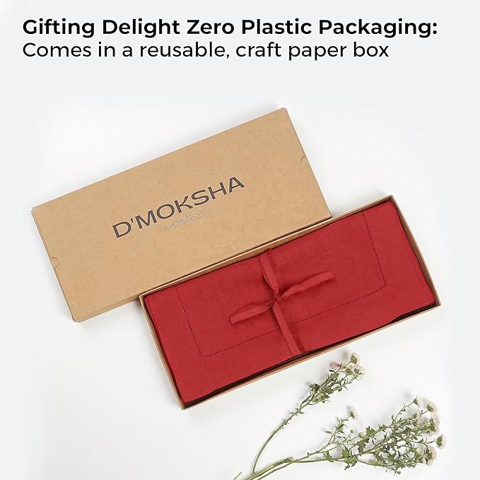D'Moksha Homes Linen Bright Red Table Runner 72 Inches Long - 100% Pure Linen Hemstitch Table Runner 14 x 72 Inch for Dresser, Dining, Valentines, Spring, Easter - Classic Hemstitch