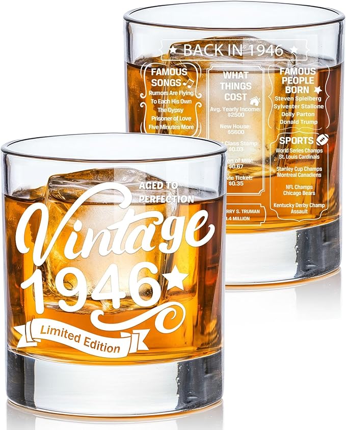 Old Fashioned Glasses-1946-Vintage 1946 old time information 10.25oz Whiskey Rocks Glass -80th Birthday Aged to Perfection - 80 years old gifts Bourbon Scotch Lowball Old Fashioned-1PACK