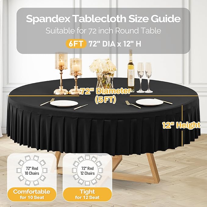 8 Pack Black Spandex Round Tablecloths for 72in Table, Stretchy Fitted 6FT Round Table Cloths, Wrinkle Free Table Cover with Skirt for Wedding Birthday Party Bridal Shower Banquet