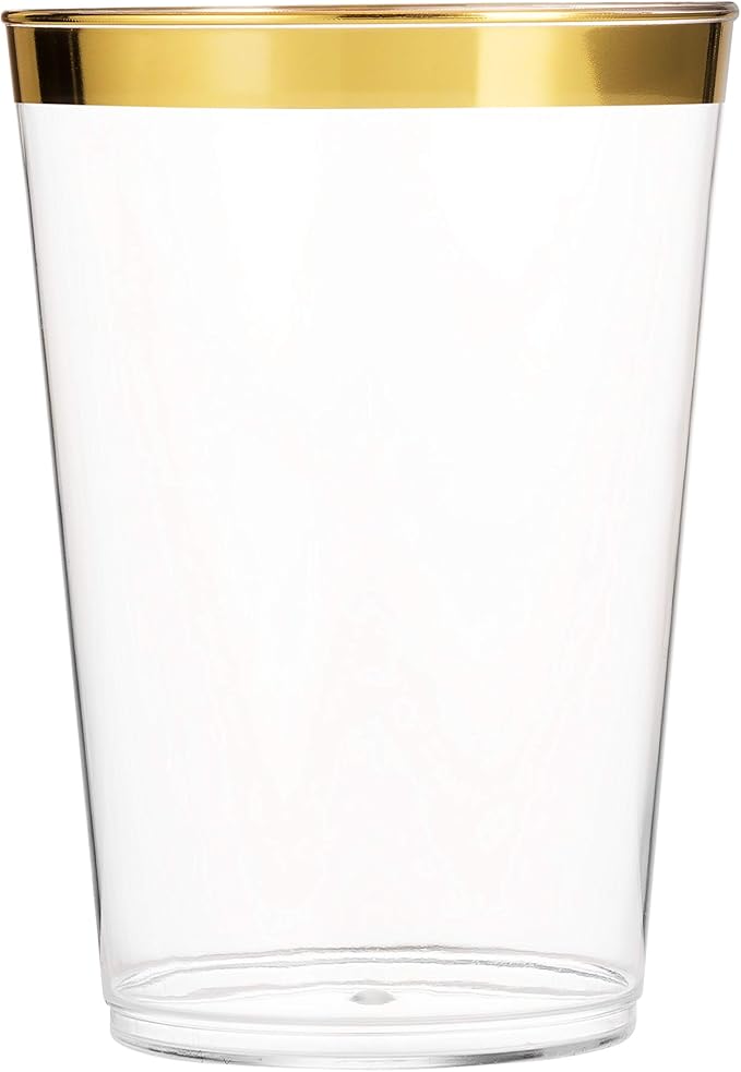 Munfix Gold Plastic Cups - 16 Oz Clear Tumblers with Gold Rim - Elegant Disposable Wedding & Party Cups