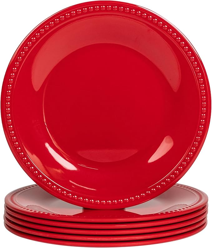 Melamine Beaded Dinner Plate Set of 6, 11inch, BPA Free, Platter, Serving Dishes, Chip & Break Resistant, Lightweight, Durable, Red Melamine Dishes Set for Valentine's Day, Weddings & Everyday Meals