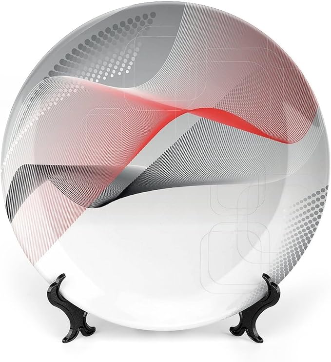Decorative Plates, Abstract Print Ornament, Modern Geometric Squares Dots Curves Waves, 10 Inch, 1 Plate with 1 Display Stand, Red Grey Black