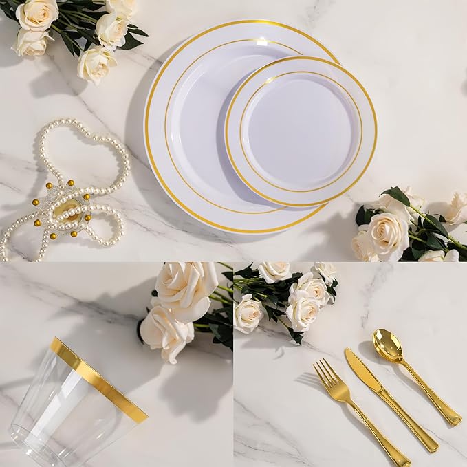 150 PCS Gold Disposable Dinnerware Set for 25 Guests, Gold and White Plastic Plates for Party, 25 Dinner & Salad Plates, 25 Cups, 25 Forks Knives Spoons for Wedding and Party Supplies