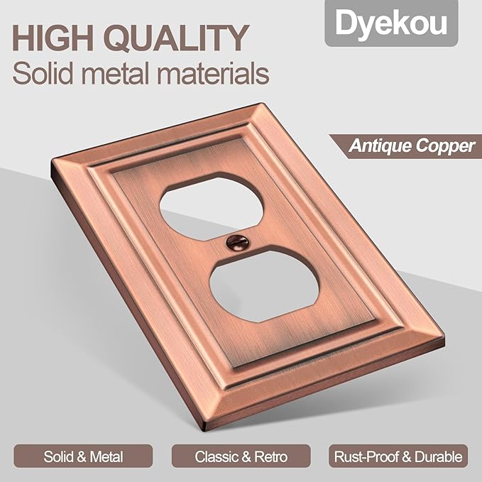 Metal Wall Plate for Electrical Outlets, Decorative Antique Copper Switch Plates Outlet Cover, Light Switch Cover Plate, 1-Gang Wall Plates (Duplex Outlet, 6 Pack)