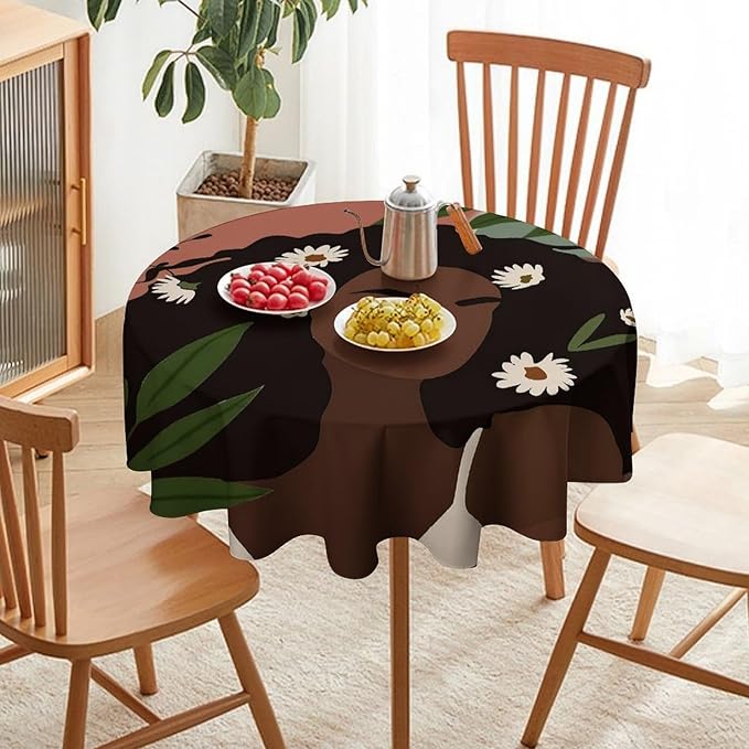 Bohemian Retro Mid Century Round Tablecloth, African Woman Girl Leaves Flower Tablecloth for Home Party Dining Room Kitchen Decor 36Inch(90cm)
