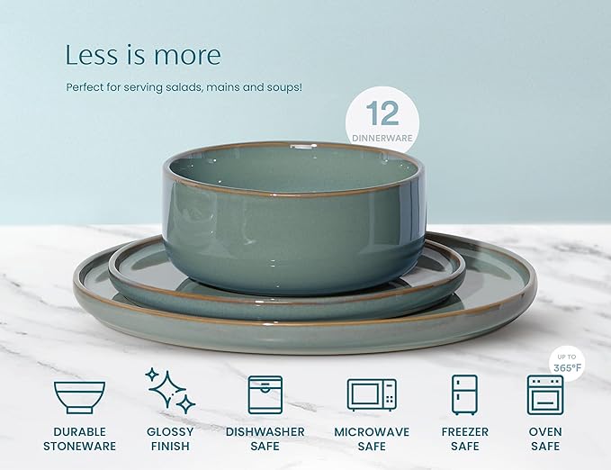 Dinnerware Set, 12 Piece, by Vase and Vessel, Ceramic 10.5”Dinner Plates, 8.2”Salad Plates and 25 oz Soup Bowls, Stoneware, Microwave and Dishwasher Safe, 12 Piece Set, Sage Green, Somerset Collection