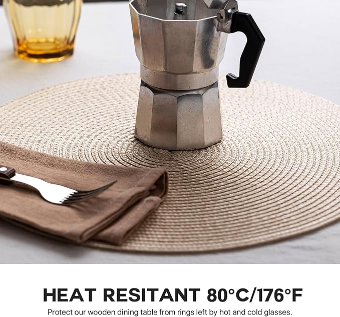 Round Placemats Set of 8 Plastic Woven Placemats Washable Wipeable Table Mats for Dining Table Heat Resistant Non-Slip Circle Place Mats (Beige)