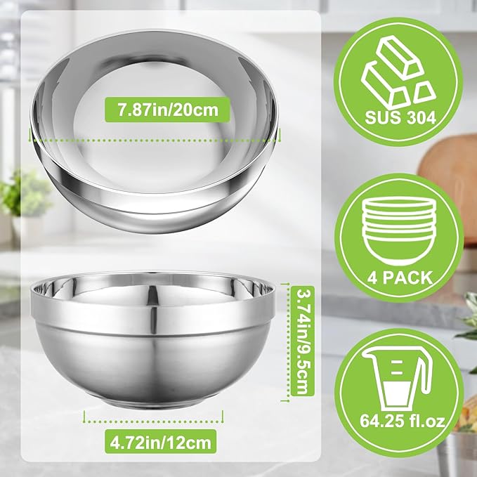 Stainless Steel Bowls, 4 Pack 7.8in 64.2oz 1900ml Large SUS304 Double Wall Insulated Stackable Metal Hot Soup Bowl Containers for Dishes Serving Cereal Snacks Ice Cream Food Rice Salad
