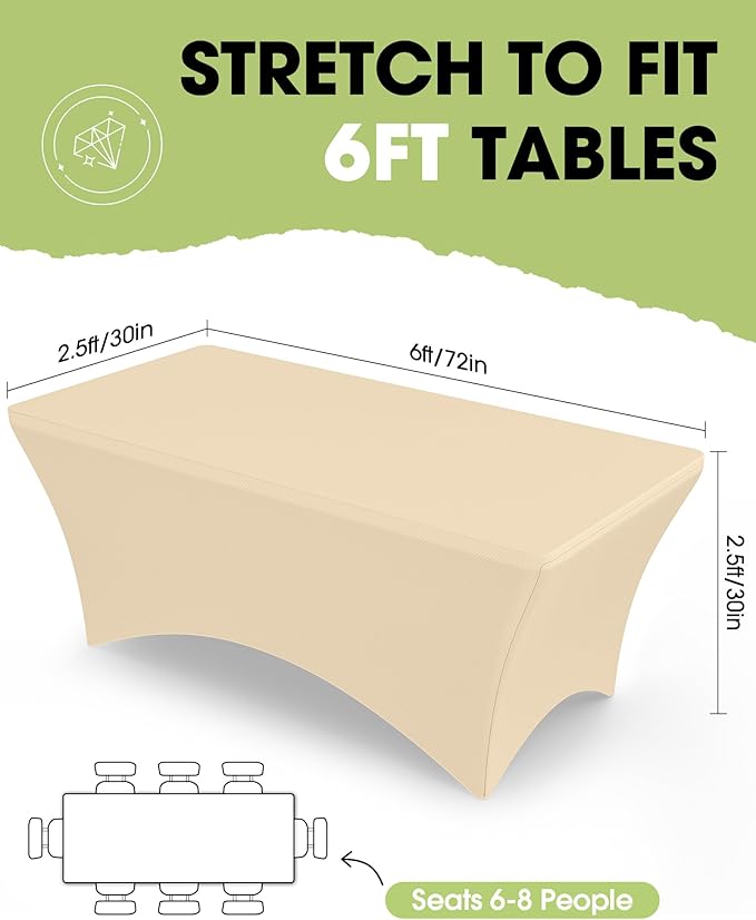 Pureegg Spandex Tablecloth 6ft - 2 Pack, Fitted and Tight Cloth for Rectangle Table, Wrinkle-Free and Stretch Table Cover for Party, Wedding, Banquet and Birthday, Champagne