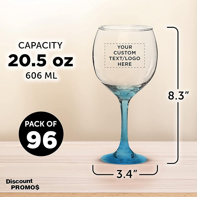 Custom Premiere Wedding Wine Glasses 20.5 oz Set of 96, Personalized Bulk Pack - Restaurant Glassware, Perfect for Red Wine or White Wine - Blue