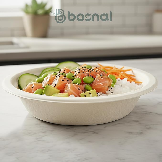 BOSNAL 10 Inch Round Plates with 16 oz Bowls – 25 Plates, 25 Bowls,100% Plant-Based Sugarcane Bagasse, Eco-Friendly Disposable Dinnerware for Hot & Cold Meals, Microwave Safe