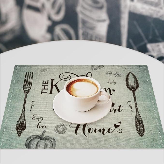 Retro Farmhouse Placemat Set, Minimal Green Gradient Rustic Plank Art Sketch Cutlery Knife Fork Inspirational Quotes Pattern Home Decor Linen Table Mats for Dining Room Kitchen Party (17x12in) x4P