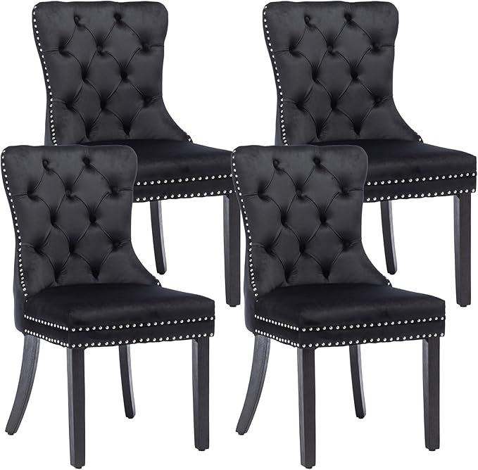 KCC Velvet Dining Chairs Set of 4, Upholstered High-end Tufted Dining Room Chair with Nailhead Back Ring Pull Trim Solid Wood Legs, Nikki Collection Modern Style for Kitchen, Black