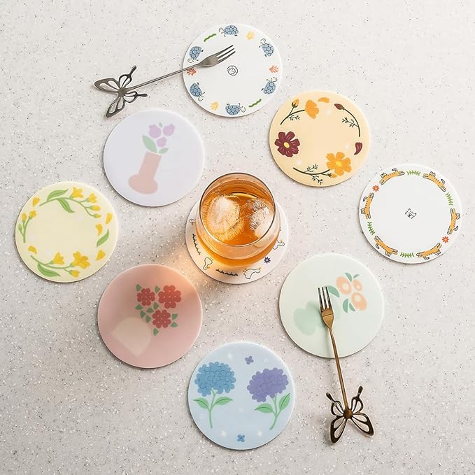 FLT Silicone Colorful Coaster Set of 3, Non-Slip Drink Mat, Cute and Unique Printed Design (Made in Korea) (Pastel - Vase)