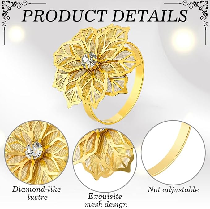 60Pcs Flower Napkin Ring, Hollow Out Floral Napkin Holder Table Ring Buckle Dining Table Setting for Party Wedding Banquet Christmas Family Gatherings Gather Prom Table Decoration (Gold)