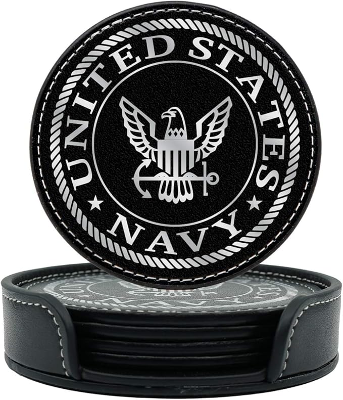 US Navy Leather Coaster Set - 4 Premium Coasters with Hot Stamped Foil Logo - Disabled Vet Owned Business-Navy Leather Coasters