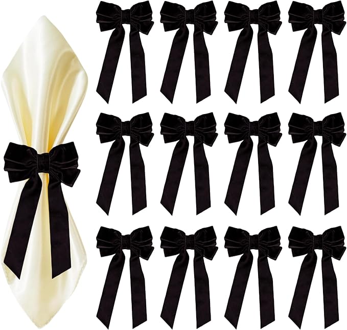 Bow Napkin Rings Set of 12 Luxury Soft Black Velvet Napkin Holders, Elegant Bow Design for Christmas Holiday Dinner Wedding Party Table Decor
