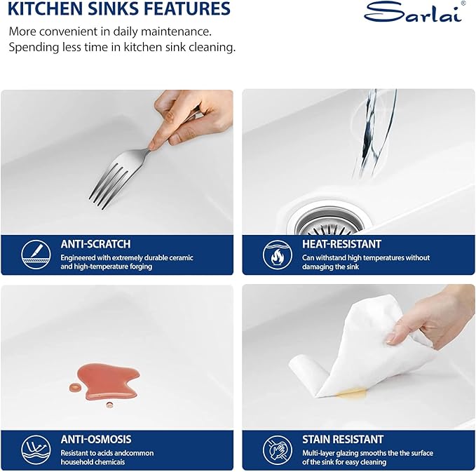 Sarlai 36 White Farmhouse Sink - 36 x 20 Inch Farm Kitchen Sink Apron Front Single Bowl Reversible Ceramic Porcelain Vitreous Fireclay Single Bowl Farmer Sinks Basin