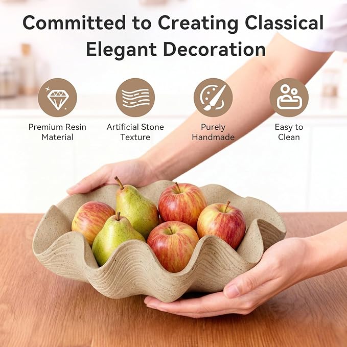 Scalloped Decorative Bowl Home Decor - 12.6" Modern Handicraft Large Shell Ruffle Decorative Fruit Bowl for Kitchen Counter, Chic Key Tray for Entryway Table, Artificial Stone Beige