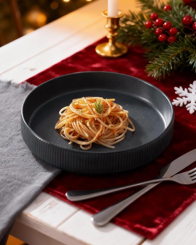 famiware Star 8.25" Pasta Bowls, Large Dinner Bowls Set of 6, Salad Bowl Plates, Shallow Bowls for Eating, Matte Dark Charcoal (Full Glaze)