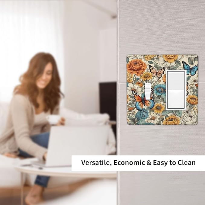 Light Switch Cover Vintage Colorful Floral Butterfly Flowers 2 Gang Toggle Rocker Combo Socket Cover Wall Plates Decorative Switch Plates and Outlet Covers for Bathroom Bedroom Decor