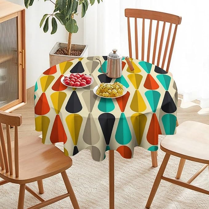 Vintage Bohemian Mid Century Round Tablecloth, Retro 50s 60s Geometric Pattern Print Tablecloth for Home Party Dining Room Kitchen Decor 50Inch(127cm)
