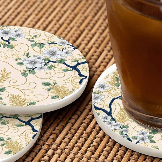Elegant Floral Pattern Drink Coaster for Tabletop Protection Japanese Spring Style Fashion Flowers Non-Slip Cups Place Mats Home Decor Diatomite Material for Men Women