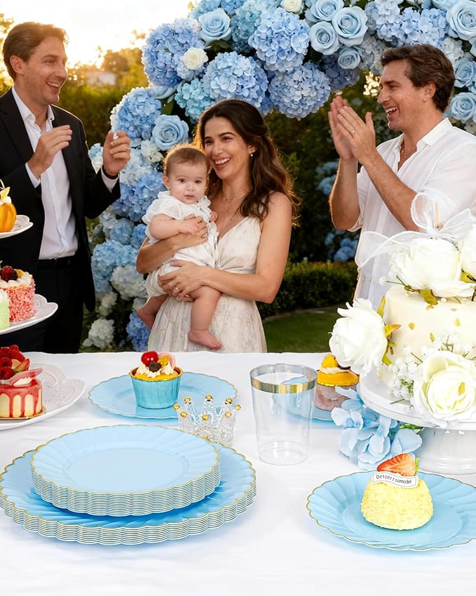 YOUBET 175PCS Blue Scalloped Plastic Plates - Light Blue Disposable Dinnerware Set Include 50 Plates, 75 Gold Silverware, 25 Cups, 25 Napkins for Party & Wedding & Baby Shower