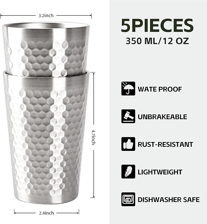 5 Pack 12 oz Stainless Steel Insulated Cup, Honeycomb Double Wall Vacuum Small Metal Cup, Reusable Camping Cups Unbreakable Indoor Outdoor for Party, Home, Office, BBQ, Silver
