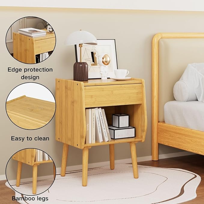 ZIYOO Nightstand with Drawer Open Shelf, Mid Century Modern Bedside Table, Small End Table for Living Room&Small Spaces, Bedroom, Natural Bamboo