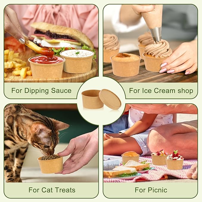 100 Pack 4oz Paper Soup Containers with Vented Lids, Disposable Food Containers Kraft Ice Cream Cups Dessert Soup Bowls, Microwavable and Freezer Safe for Hot Soup, Ice Cream (100 Pcs - Kraft, 4 oz)
