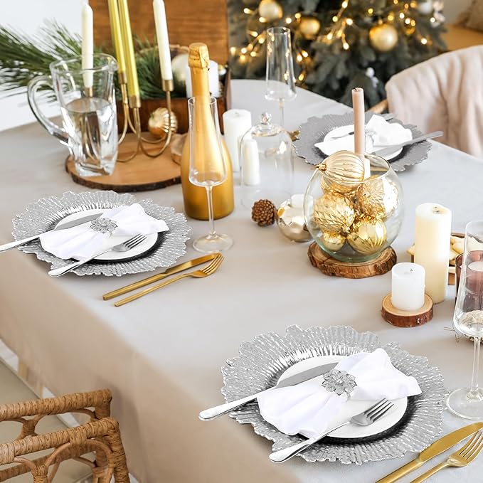 Dandat 100 Pcs Charger Plate Bulk 13'' Floral Reef Plates with Napkin Ring Plastic Dinner Charger Hollow Out Flower Napkin Holder Plastic Plate for Table Setting Wedding Party (Silver)