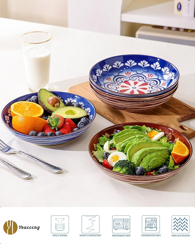 Yeacccng Pasta Bowls Set of 6, 35 Oz Ceramic Large Salad Bowl, 8.5 Inch Colorful Serving Bowls for Kitchen, Dishwasher & Microwave Safe, Scratch-Resistant, Lead-Free (Brown*3 + Blue*3)