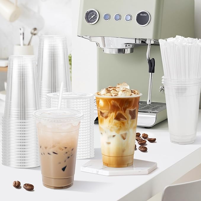 100 Pack 20 oz Plastic Cups with Lids and Straws Sturdy Food Safe Iced Clear Coffee Cups Disposable Smoothie Cups for Cold Drinks