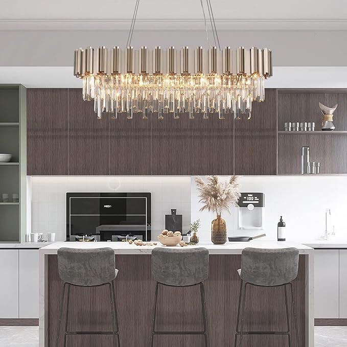 L43.3 Modern Rectangle Crystal Chandelier Nickel Linear Pendant Ceiling Light Fixture for Dining Room Contemporary Oval Raindrop Chandeliers Lighting for Kitchen Island 13-Light
