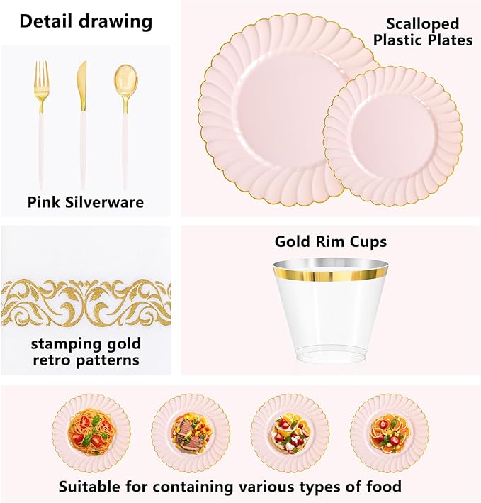 Ciaell 175 PCS Pink Scalloped Plastic Plates with Gold Trim - Pink Plastic Silverware with Handle - Fancy High-End Dinnerware Sets for Wedding & Baby Showers & Party & Valentine's Day