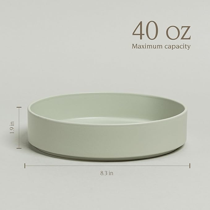 over&back Stackable Dinner Bowl Set - Stoneware Dishes - Comes with 4 Dinner Bowls - All-Occasion Place Settings Perfect for Pasta, Salads, Snacks - 8.3" x 8.3" x 1.9" - 40oz - Semi-Matte Sage