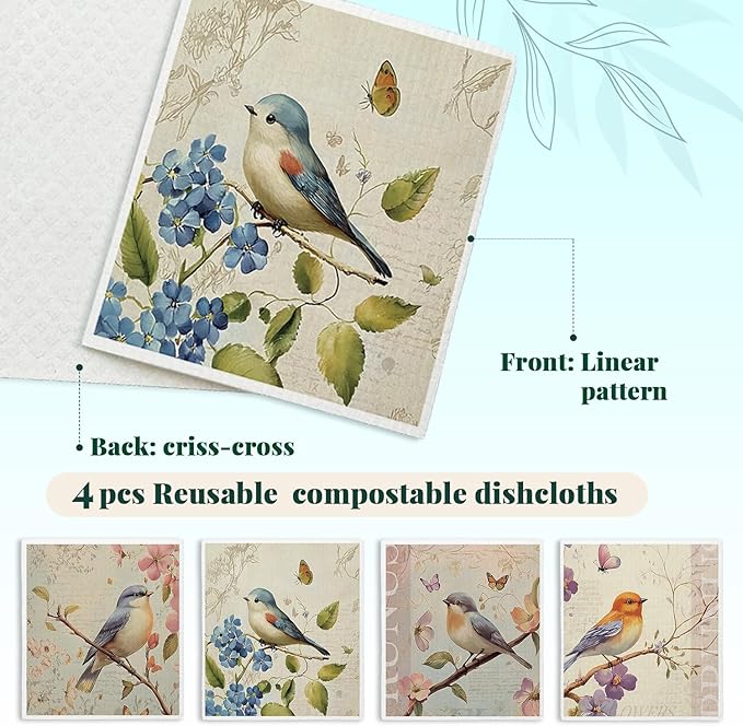 Bird Swedish Dishcloths for Kitchen, Swedish Dish Cleaning Cloths for Spring，Papaya Reusable Paper Towels, 4 Pack Dish Towels for Kitchen, Reusable Paper Dishcloths Washable