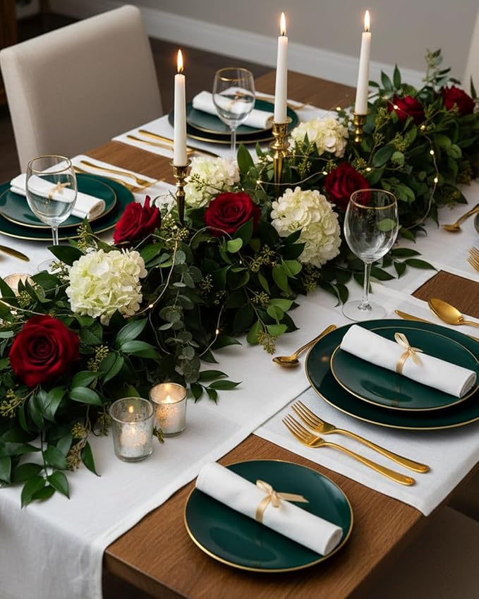 PULOTE 100PCS Green Plastic Plates - Green Disposable Plates With Gold Rim - Include 50 Pieces Dinner 10.25inch,50 Pieces Dessert 7.5inch for Party&Christmas