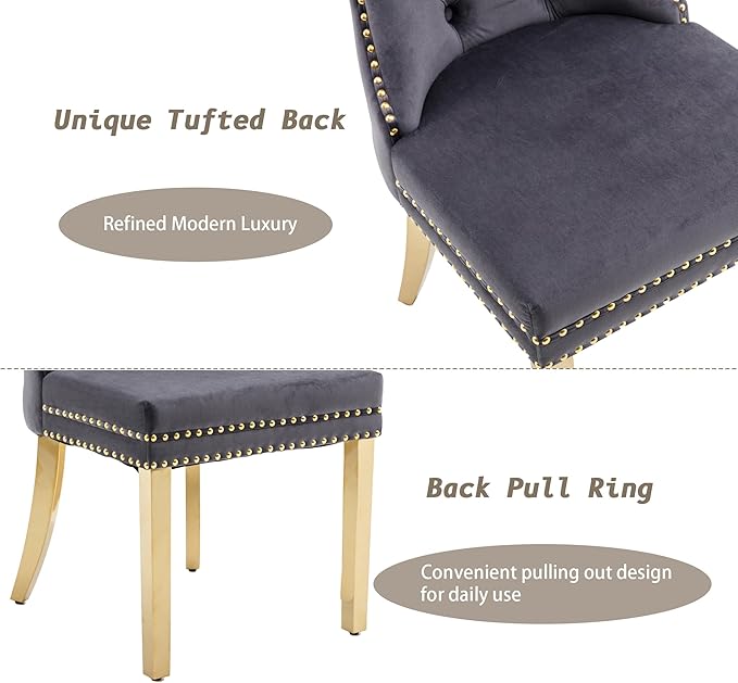 KCC Velvet Dining Chairs Set of 6, Upholstered High-end Tufted Dining Chair with Nailhead Back Ring Pull Trim Stainless Steel Legs, Contemporary Nikki Collection Modern Style for Kitchen, Dark Gray