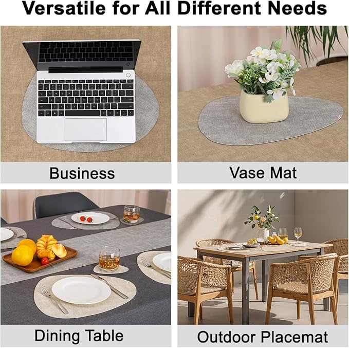 Placemats and Coasters, Washable Placemats Round Faux Leather Wipeable Place Mats Non Slip Heat Resistant Indoor Outdoor Table Mats (Set of 6, Light Gray Cream-White)