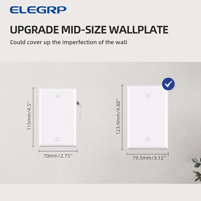 ELEGRP 1-Gang Blank Device Wall Plates, Mid-Size 4.88" H x 3.13" L Unbreakable Thermoplastic Blank Faceplate Cover for Unused Outlets/Switches, UL Listed (2 Pack, Glossy White)