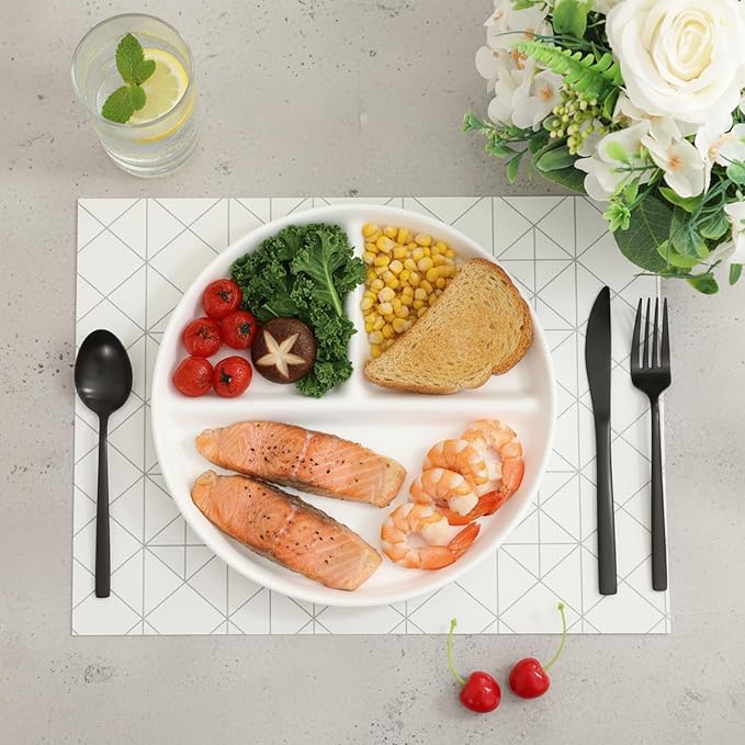 Lounsweer Set of 8 Pcs Portion Control Plate Ceramic Divided Bariatric Plates 3 Compartment Reusable Dinner Plates for Weight Loss Balanced Meal (9.5 Inch)
