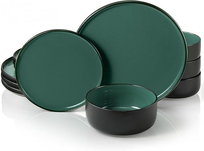 Dinnerware Set, 12 Piece Service for 4, Vase and Vessel, Ceramic 10.5” Dinner Plates, 8.2” Salad Plates and 20 oz Bowls, Stoneware, Somerset Collection (Black/Jade)